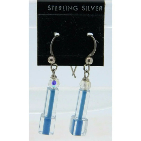 NOS Sterling Silver Australian AB Crystal Blue Art Glass Dangle Earrings - Picture 1 of 4